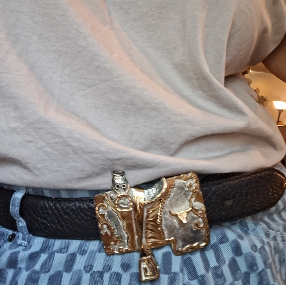 Vintage Mexican black leather belt and longhorn saddle metal belt buckle size 42 - Picture 10 of 10